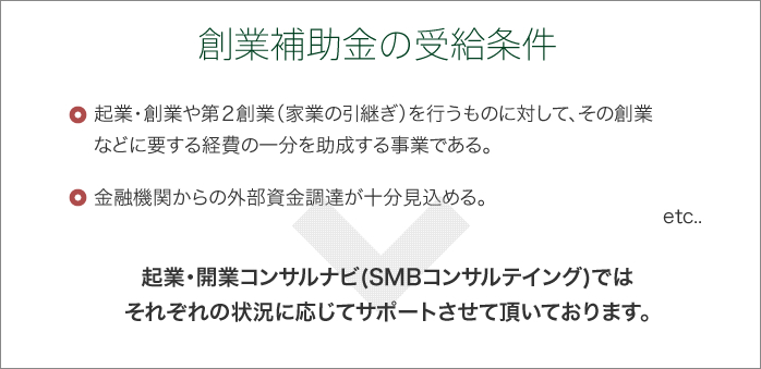 創業補助金の受給条件起業・創業や第２創業（家業の引継ぎ）を行うものに対して、その創業などに要する経費の一分を助成する事業である。金融機関からの外部資金調達が十分見込める。